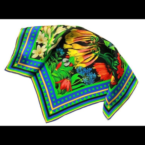 "Garden" - blue green floral 17" square mini silk neck scarf, scarf for bag - Picture 2 of 6